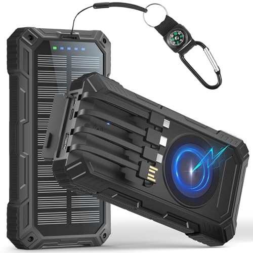 Solar Powerbank 56800mAh,30W PD 3.0A USB C Power Bank Schnellladen mit 4 Kabeln, 3 Port (2 USB & 1 Type-c),15W Wireless Charger,LED Leuchtanzeigen, Taschenlampe,Externe Handy-Akkus für Smartphone von Bazcuka
