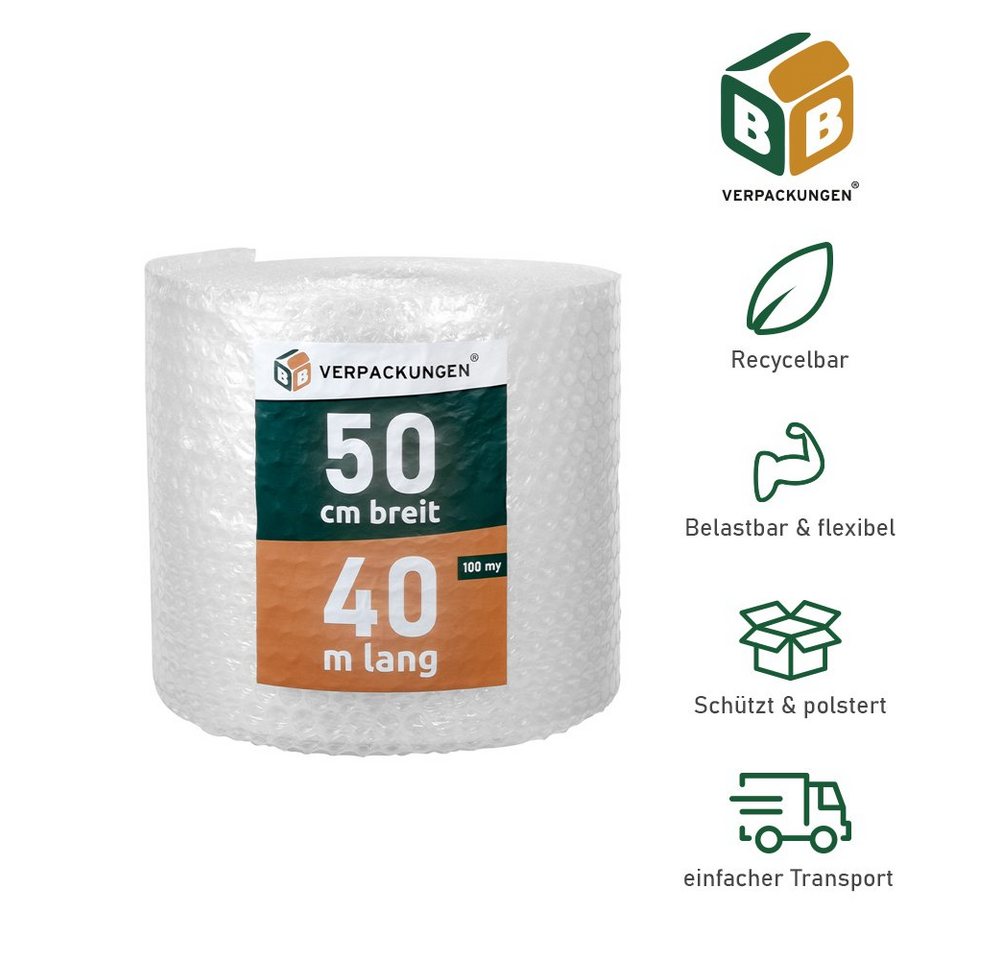 BB-Verpackungen Schutzfolie Luftpolsterfolie Große Noppen, (1-St), 2-lagig, 0,5 x 40 m, 100 my von Bb-Verpackungen