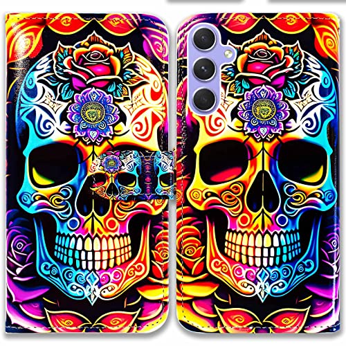 BCOV Schutzhülle für Samsung Galaxy A54 5G, buntes Mandala-Totenkopf, Blumen, Leder, Klapp-Handyhülle, Brieftaschenhülle mit Kartenschlitz, Ständer für Samsung Galaxy A54 5G von Bcov