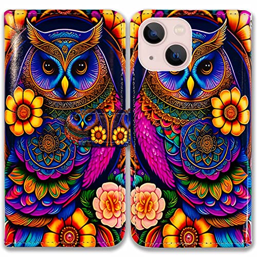 BCOV Schutzhülle für iPhone 14, buntes Eule, Mandala, Blume, Leder, Klapphülle mit Kartenschlitzen, Ständer für iPhone 14 BCOV Schutzhülle für iPhone 14, buntes Eule, Mandala, Blume, Leder, Klapphülle mit Kartenschlitzen, Ständer für iPhone 14 von Bcov