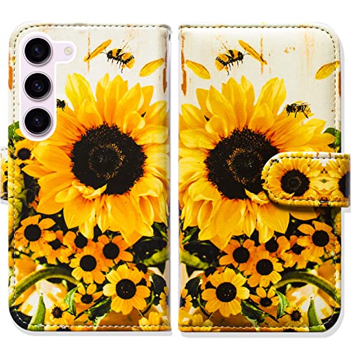 Bcov Galaxy S23 Hülle, Sonnenblume Biene Flip Handyhülle Brieftasche Cover mit Kartenfach Halter Kickstand für Samsung Galaxy S23 von Bcov