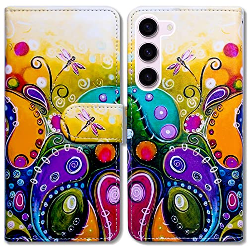 Bcov Galaxy S23 Hülle, bunte Libelle Leder Flip Handyhülle Brieftasche Cover mit Kartenfach Halter Ständer für Samsung Galaxy S23 von Bcov