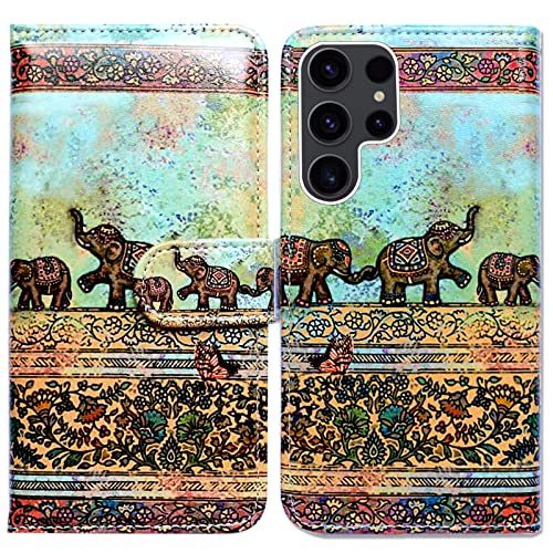 Bcov Galaxy S23 Ultra Hülle, Tribal Elefanten Muster Leder Flip Phone Case Wallet Cover mit Kartenfach Halter Kickstand für Samsung Galaxy S23 Ultra von Bcov