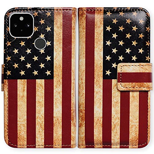 Bcov Google Pixel 5 Hülle, Retro Amerikanische Flagge Leder Flip Handyhülle Wallet Cover mit Kartenschlitzen Halter Kickstand für Google Pixel 5 von Bcov