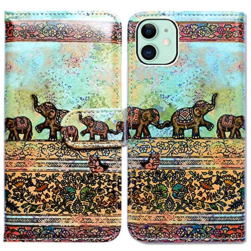 Bcov Klapphülle für iPhone 11, Tribal-Elefanten-Muster, Klapphülle aus Leder, mit Kreditkartenschlitzen, Ständer für iPhone 11 von Bcov