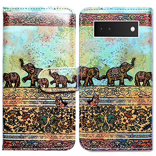 Bcov Pixel 6a Hülle, Tribal Elefanten Muster Leder Flip Handyhülle Brieftasche Cover mit Kartenfach Halter Kickstand für Google Pixel 6a von Bcov