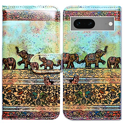 Bcov Pixel 7 Hülle, Tribal Elefanten Muster Leder Flip Handyhülle Brieftasche Cover mit Kartenfach Halter Kickstand für Google Pixel 7 von Bcov