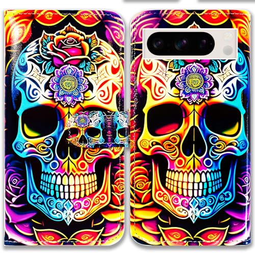 Bcov Pixel 8 Pro Hülle, buntes Mandala-Totenkopf-Blumen, Leder-Klapphülle mit Kartenschlitzen, Ständer für Google Pixel 8 Pro von Bcov