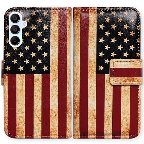 Bcov Schutzhülle für Galaxy A35 5G, Retro-amerikanische Flagge, Leder, Klapphülle mit Kartenschlitz, Ständer für Samsung Galaxy A35 5G von Bcov