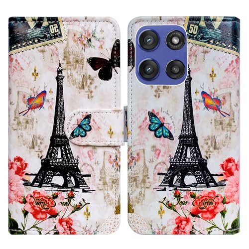 Bcov Schutzhülle für Moto G Stylus 2025, Motiv: Paris Tower Schmetterling, Leder, Klappetui mit Kartenschlitzen, Ständer, Schutzhülle für Motorola Moto G Stylus 2025 von Bcov