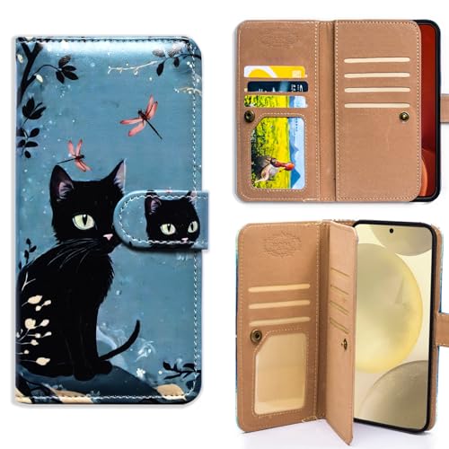 Bcov Schutzhülle für Moto G Stylus 2025, Motiv: schwarze Katze und rote Libelle, multifunktional, Leder, Brieftasche, Klapphülle mit mehreren Kartenfächern, Handschlaufe, für Motorola Moto G Stylus von Bcov