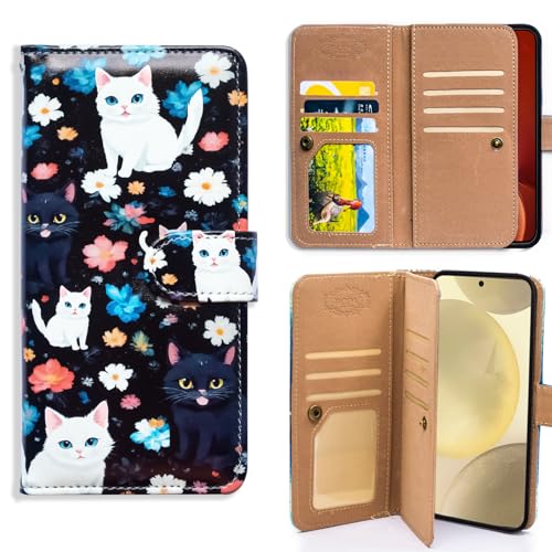 Bcov Schutzhülle für Moto G Stylus 2025, weiße Katze, schwarze Katze, Blume, Multifunktions-Lederhülle, Brieftaschen-Schutzhülle mit mehreren Kartenfächern, Handschlaufe, für Motorola Moto G Stylus von Bcov