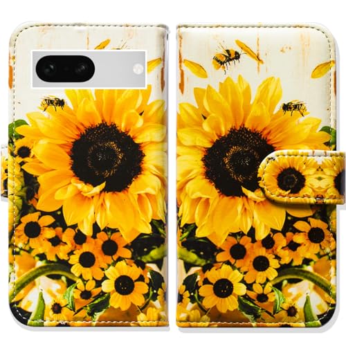 Bcov Schutzhülle für Pixel 8a, Motiv: Sonnenblumen-Biene, Klapphülle mit Kartenschlitz, Ständer für Google Pixel 8a von Bcov