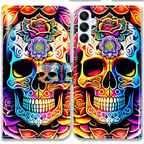 Bcov Schutzhülle für Samsung Galaxy A25 5G, buntes Mandala, Totenkopf, Blumen, Leder, Klapphülle mit Kartenschlitzen, Ständer für Samsung Galaxy A25 5G von Bcov