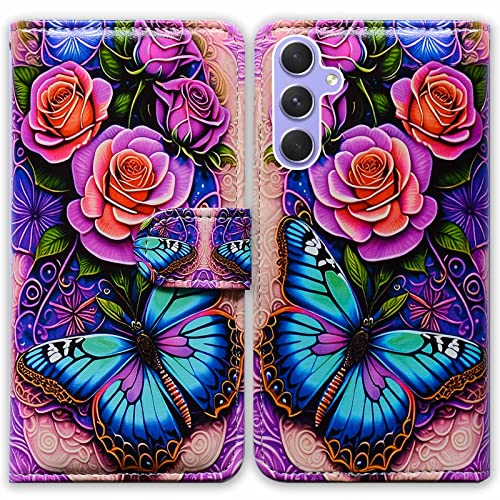 Bcov Schutzhülle für Samsung Galaxy A54 5G, Blau Schmetterling Blumen Rose Leder Flip Handyhülle Brieftasche Cover mit Kartenfach Halter Ständer für Samsung Galaxy A54 5G von Bcov