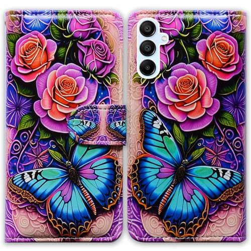 Bcov Schutzhülle für Samsung Galaxy A55 5G, Leder, Motiv: Schmetterling, Blumen, Rose, mit Kartenschlitzen, Ständer, Blau von Bcov
