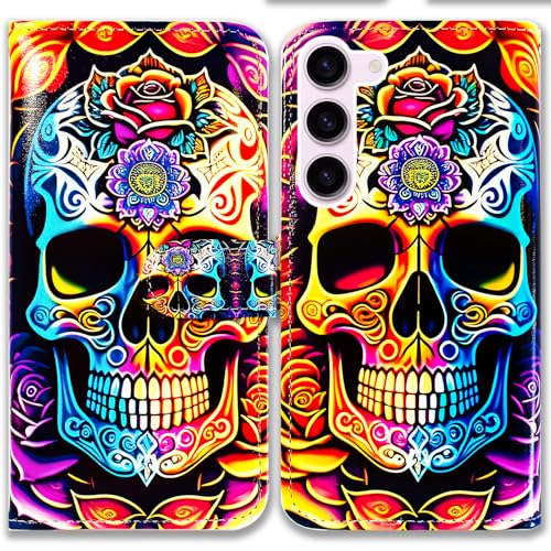 Bcov Schutzhülle für Samsung Galaxy S24 FE, buntes Mandala, Totenkopf, Blumen, Leder, Klapphülle mit Kartenschlitzen, Ständer, Schutzhülle für Samsung Galaxy S24 FE von Bcov