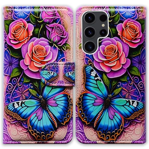 Bcov Schutzhülle für Galaxy S24 Ultra, Blau, Schmetterling, Blumen, Rose, Leder, Klappetui mit Kartenschlitz, Ständer, für Samsung Galaxy S24 Ultra von Bcov