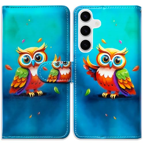 Bcov Schutzhülle für Samsung Galaxy S25, Motiv: niedliche Eule, Leder, Klappetui mit Kartenschlitzen, Ständer für Samsung Galaxy S25, Blau von Bcov