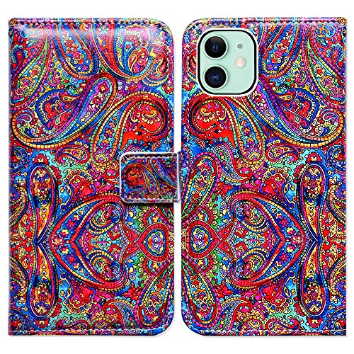 Bcov Schutzhülle für iPhone 11, helles Paisleymuster, Klapphülle aus Leder mit Kreditkartenfach, Ausweishalter, Ständer für iPhone 11 von Bcov