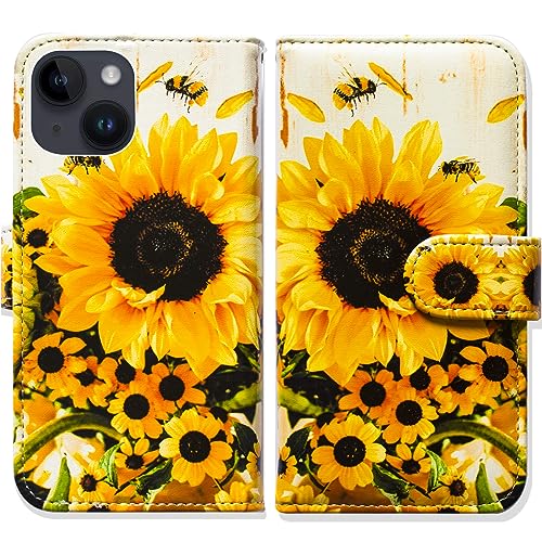 Bcov Schutzhülle für iPhone 15, Sonnenblumen-Biene, Leder-Klapphülle mit Kartenschlitz, Ständer für iPhone 15 Bcov Schutzhülle für iPhone 15, Sonnenblumen-Biene, Leder-Klapphülle mit Kartenschlitz, Ständer für iPhone 15 von Bcov