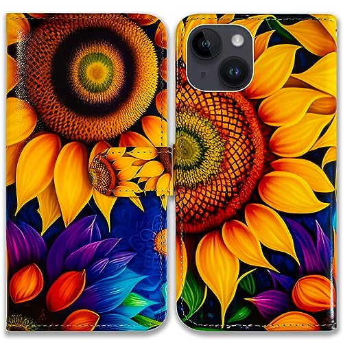 Bcov Schutzhülle für iPhone 15, gelbe Sonnenblume, Leder, Klapphülle mit Kartenschlitzen, Ständer für iPhone 15 von Bcov