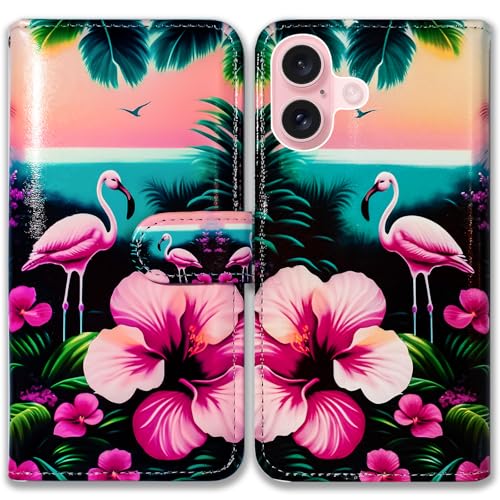 Bcov Schutzhülle für iPhone 16, Motiv: rosa Flamingo-Blumen, Vogel, Leder, Klappetui mit Kartenschlitzen, Ständer, Schutzhülle für Apple iPhone 16 Bcov Schutzhülle für iPhone 16, Motiv: rosa Flamingo-Blumen, Vogel, Leder, Klappetui mit Kartenschlitzen, Ständer, Schutzhülle für Apple iPhone 16 von Bcov