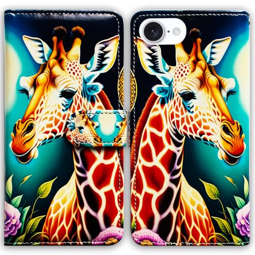 Bcov Schutzhülle für iPhone 16e, Giraffen-Blumen, Leder, Klappetui mit Kartenschlitz, Ständer, Schutzhülle für iPhone 16e von Bcov