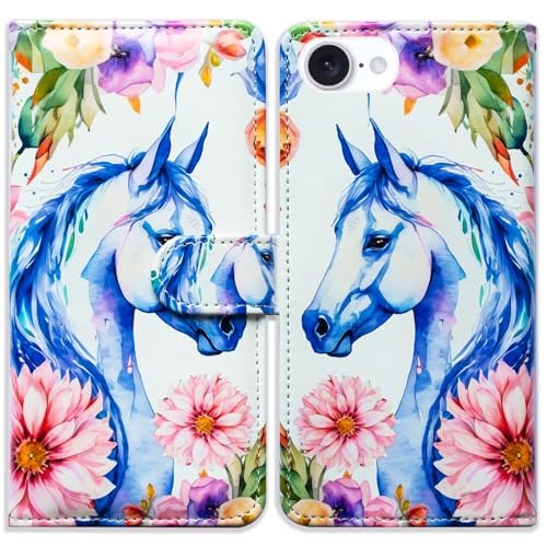 Bcov Schutzhülle für iPhone 16e, Pferd, bunte Blumen, Leder-Klapphülle mit Kartenschlitz, Ständer für iPhone 16e Bcov Schutzhülle für iPhone 16e, Pferd, bunte Blumen, Leder-Klapphülle mit Kartenschlitz, Ständer für iPhone 16e von Bcov