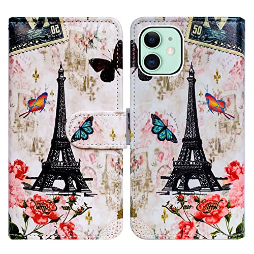 Bcov iPhone 12 Hülle, iPhone 12 Pro, Paris Tower Schmetterling Leder Flip Handyhülle Brieftasche Cover mit Kartenschlitzhalter Kickstand für iPhone 12/iPhone 12 Pro von Bcov