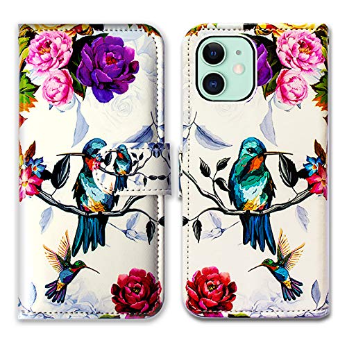 Bcov iPhone 13 Mini Hülle, Kolibri in Blumen Vogel Leder Flip Phone Case Wallet Cover mit Kartenschlitzhalter Kickstand für iPhone 13 Mini von Bcov
