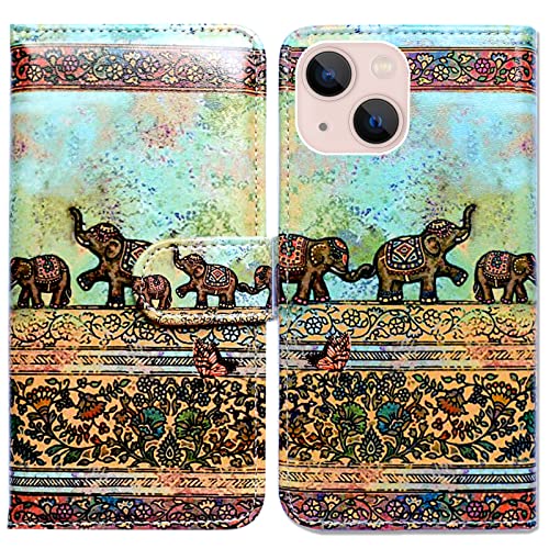 Bcov iPhone 14 Hülle, Tribal Elefanten Muster Leder Flip Handyhülle Brieftasche Cover mit Kartenfach Halter Kickstand für iPhone 14 von Bcov