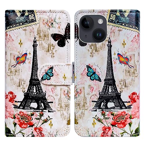 Bcov iPhone 15 Hülle, Paris Tower Schmetterling Leder Flip Phone Case Wallet Cover mit Kartenschlitz Halter Kickstand für iPhone 15 von Bcov