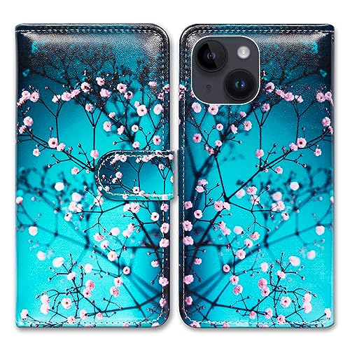 Bcov iPhone 15 Hülle, Pflaumenblüte Blume Leder Flip Phone Case Wallet Cover mit Kartenschlitz Halter Kickstand für iPhone 15 von Bcov