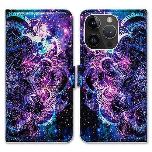 Bcov iPhone 15 Pro Hülle, lila Mandala Galaxy Sky Leder Flip Phone Case Wallet Cover mit Kartenschlitz Halter Kickstand für iPhone 15 Pro von Bcov
