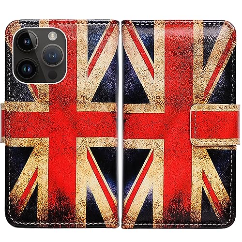 Bcov iPhone 15 Pro Max Hülle, Retro Union Jack Flagge Leder Flip Phone Case Wallet Cover mit Kartenschlitz Halter Kickstand für iPhone 15 Pro Max von Bcov