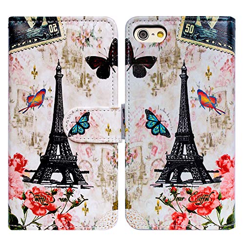 Bcov iPhone SE 2022 Hülle, iPhone SE 3. Generation, iPhone SE 2020 Hülle, Paris Tower Schmetterling Leder Flip Case Wallet Cover mit Kartenfach Halter Kickstand für neues iPhone SE/iPhone 8/iPhone 7 von Bcov