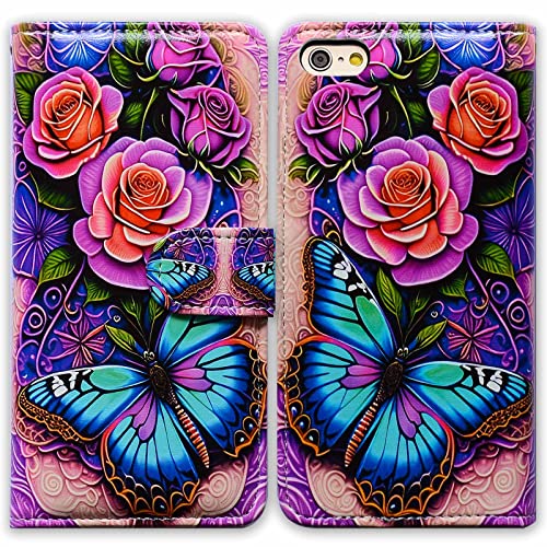 Bcov iPhone SE 3. Generation 2022 Hülle, Blau Schmetterling Blumen Rose Leder Flip Handyhülle Brieftasche Cover mit Kartenfach Halter Ständer für iPhone SE 2020 7 8 von Bcov