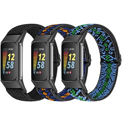 Bcuckood 3 Pack elastisches Uhrenarmband Kompatibel mit Fitbit Charge 5 Armband, dehnbares verstellbares Nylon Sportschlaufe atmungsaktives Ersatzarmband für Charge 5 Fitness Tracker Damen und Herren von Bcuckood