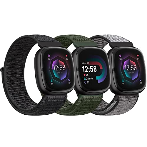 Bcuckood Nylon Armband kompatibel mit Fitbit Versa 4/Sense 2/Versa 3/Sense Damen Herren Weiches atmungsaktives Nylon Uhrenarmband Sport Solo Schleife Ersatzarmband von Bcuckood