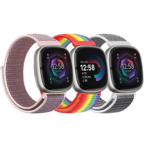 Bcuckood Nylon Armband kompatibel mit Fitbit Versa 4/Sense 2/Versa 3/Sense Damen Herren Weiches atmungsaktives Nylon Uhrenarmband Sport Solo Schleife Ersatzarmband von Bcuckood