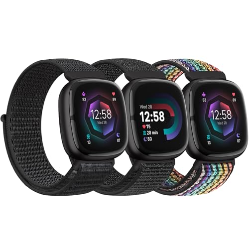 Bcuckood Nylon Armband kompatibel mit Fitbit Versa 4/Sense 2/Versa 3/Sense Damen Herren Weiches atmungsaktives Nylon Uhrenarmband Sport Solo Schleife Ersatzarmband von Bcuckood
