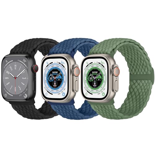 Geflochtene Solo Loop Kompatibel mit Apple Watch Armband 49mm 45mm 44mm 42mm 41mm 40mm 38mm Damen Herren, verstellbare Sport Uhrenarmband für iWatch Ultra/Ultra 2 Series 9 8 7 6 5 4 3 2 1 SE, 3 Stück von Bcuckood