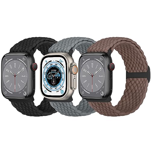 Geflochtene Solo Loop Kompatibel mit Apple Watch Armband 49mm 45mm 44mm 42mm 41mm 40mm 38mm Damen Herren, verstellbare Sport Uhrenarmband für iWatch Ultra/Ultra 2 Series 9 8 7 6 5 4 3 2 1 SE, 3 Stück von Bcuckood