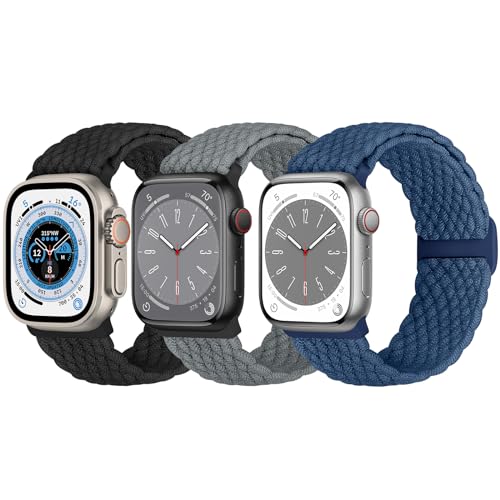 Geflochtene Solo Loop Kompatibel mit Apple Watch Armband 49mm 45mm 44mm 42mm 41mm 40mm 38mm Damen Herren, verstellbare Sport Uhrenarmband für iWatch Ultra/Ultra 2 Series 9 8 7 6 5 4 3 2 1 SE, 3 Stück von Bcuckood