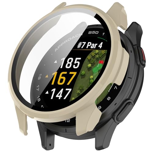 Bdsidy Hülle für Garmin Approach S50 Schutzhülle Con Displayschutzfolie, Kratzfest Schutzfolie Bumper Gehäuse Ultradünne Stoßfeste Cover für Garmin Approach S50 Smartwatch Zubehör (Beige) von Bdsidy