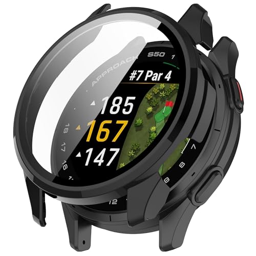 Bdsidy Hülle für Garmin Approach S50 Schutzhülle Con Displayschutzfolie, Kratzfest Schutzfolie Bumper Gehäuse Ultradünne Stoßfeste Cover für Garmin Approach S50 Smartwatch Zubehör (Schwarz) von Bdsidy