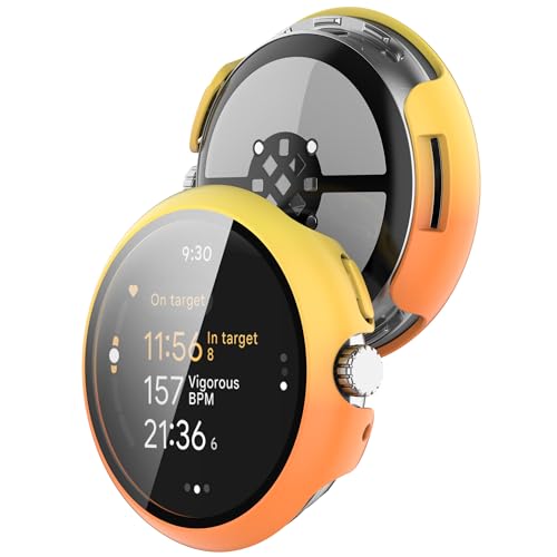 Bdsidy Hülle für Google Pixel Watch 3 41mm 45mm Schutzhülle Con Displayschutzfolie, Kratzfest Schutzfolie Bumper Case Ultradünne Stoßfeste Cover für Google Pixel Watch3 (2 Stück Gelb Orange, 45mm) von Bdsidy
