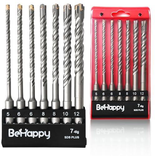 BeHappy SDS Plus Bohrer Set, 7tlg Steinbohrer Set, Hammerbohrer für Beton, Stein, Granit, Ziegel und Mauerwerk mit 4 Schneiden in den Größen 5,6,6,8,8,10,12 x 160mm, Zubehör Schlagbohrmaschine von BeHappy