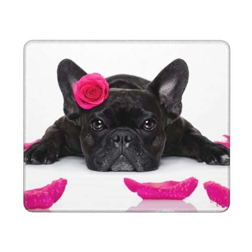 Mauspad, französische Bulldogge, Hund, Valentinstag, Rose, rutschfeste Gummiunterseite, wasserdichtes Mauspad, 30,5 x 25,4 cm, für Arbeit und Büro von BeNtli